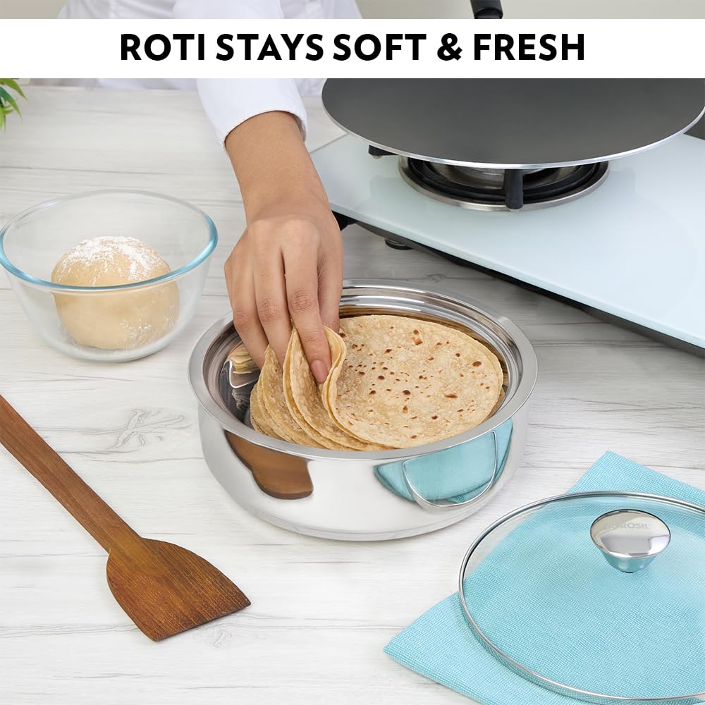 Borosil Stainless Steel Insulated Roti Server, 1.1 Litres, Silver