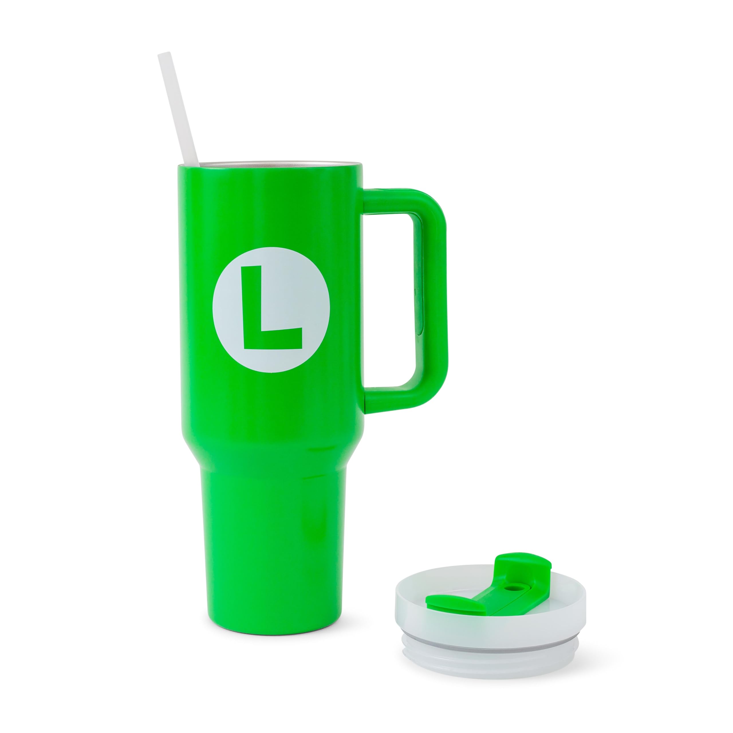 Pyramid America Super Mario Bros. Luigi Icon Metal Travel Tumbler With Leak-Resistant Lid And Reusable Straw | Holds 40 Ounces