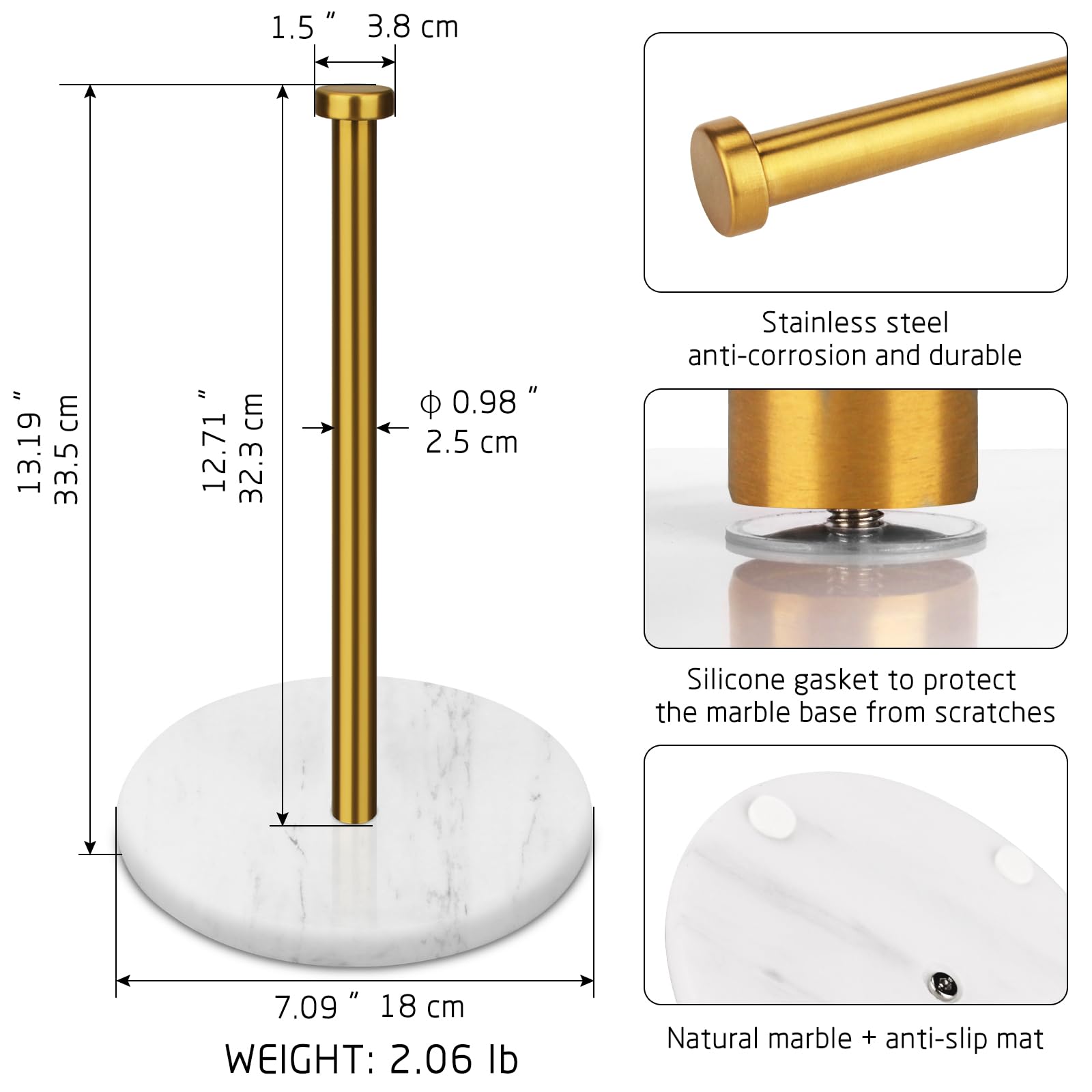 Heshibi Paper Towel Holder Countertop With 7'' Weighted White Marble Base - Modern Free Standing Paper Roll Holder, Brushed Gold