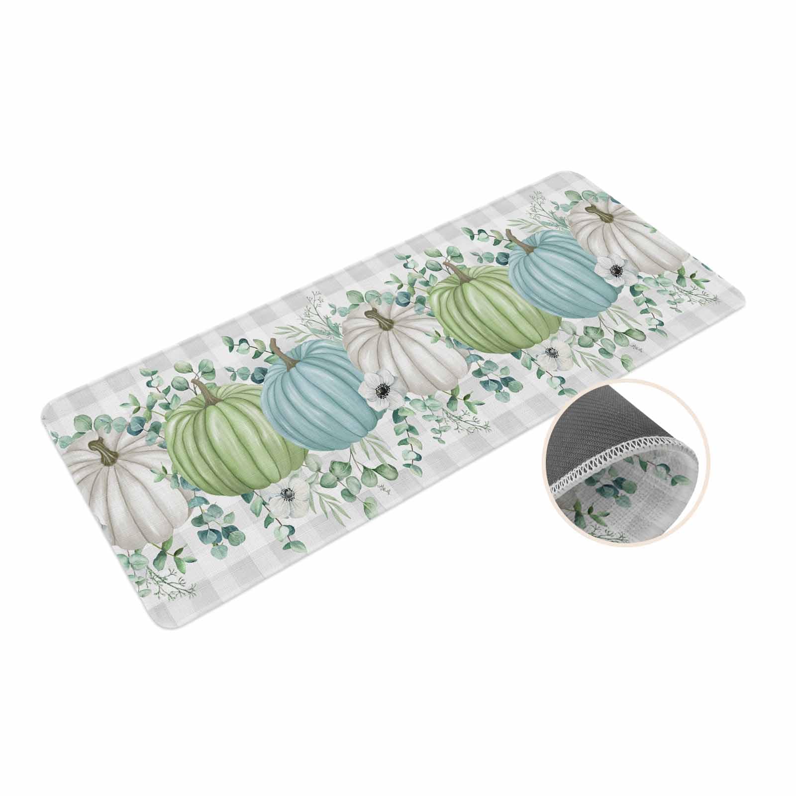 Fall Thanksgiving Kitchen Mat for Floor Autumn Pumpkins Eucalyptus Leaves Kitchen Runner Rug,Non Skid, White Blue Green Gray Pla