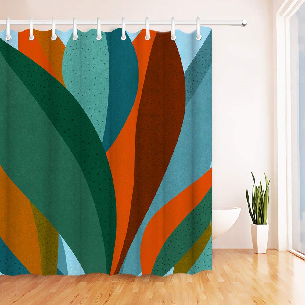 Rnnjoile Abstract Leaves Shower Curtain Cloth Tropical Palm Leaf With Dots Print Bath Curtain Green Orange Bathroom Decor With H