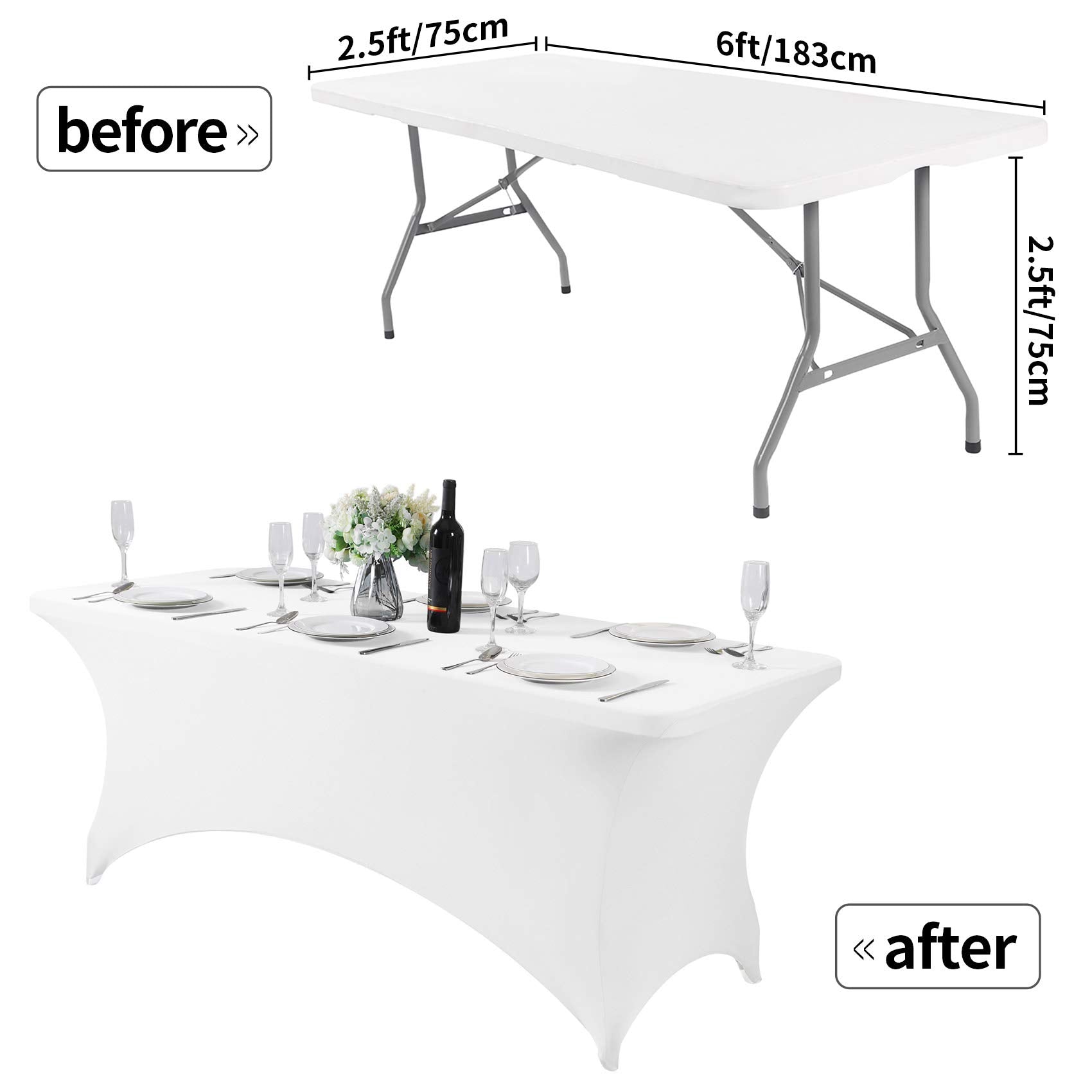 Hezuzo 2Pack Spandex Table Cover For 6Ft Table Universal Fitted Stretch Tablecloth For Party, Banquet, Wedding And Events-White