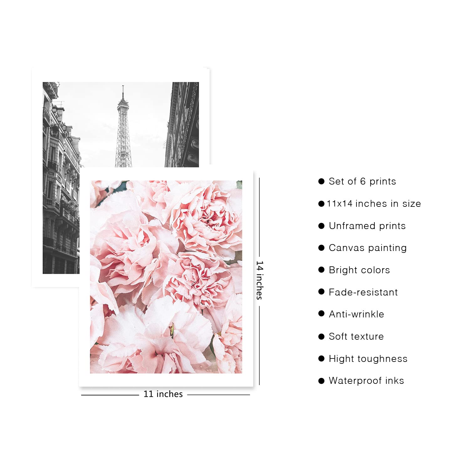 Hoozgee Vintage Fashion Paris Wall Art Prints Black And White Canvas Poster Eiffel Tower Pink Flower Doors Windows Pictures Phot