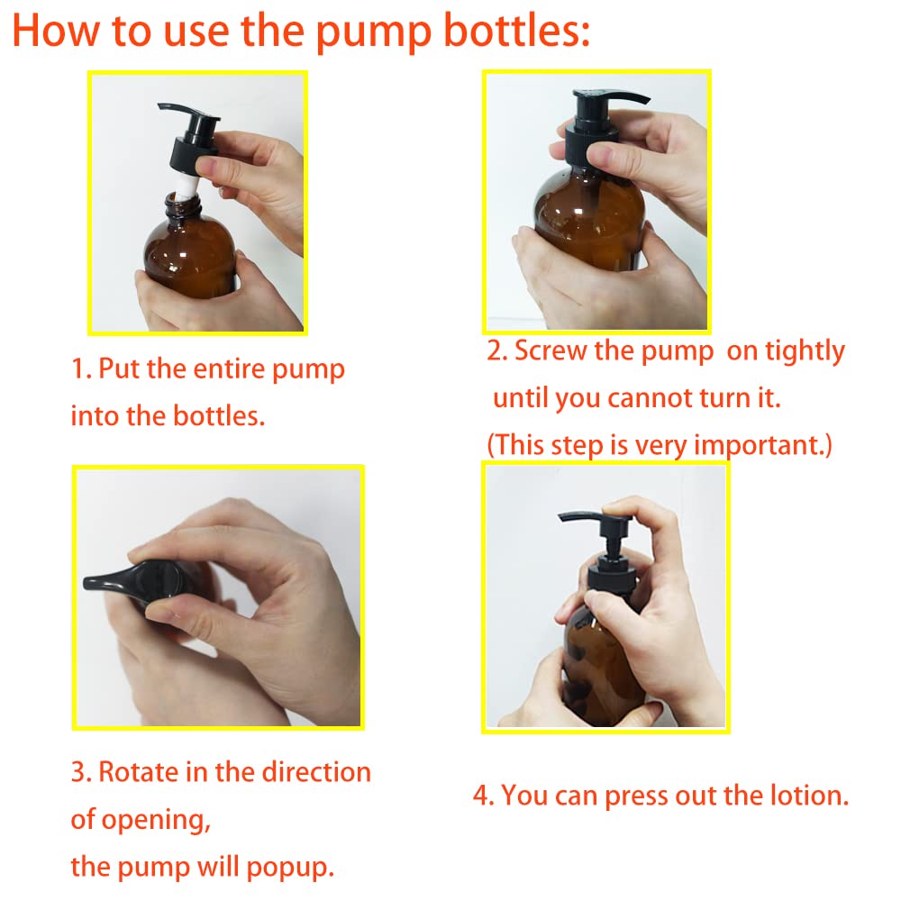 Bpfy 4 Pack 8 Oz Amber Glass Pump Bottles, Boston Round Bottles With Pumps For Lotion, Soap, Massage Oils, Refillable Containers