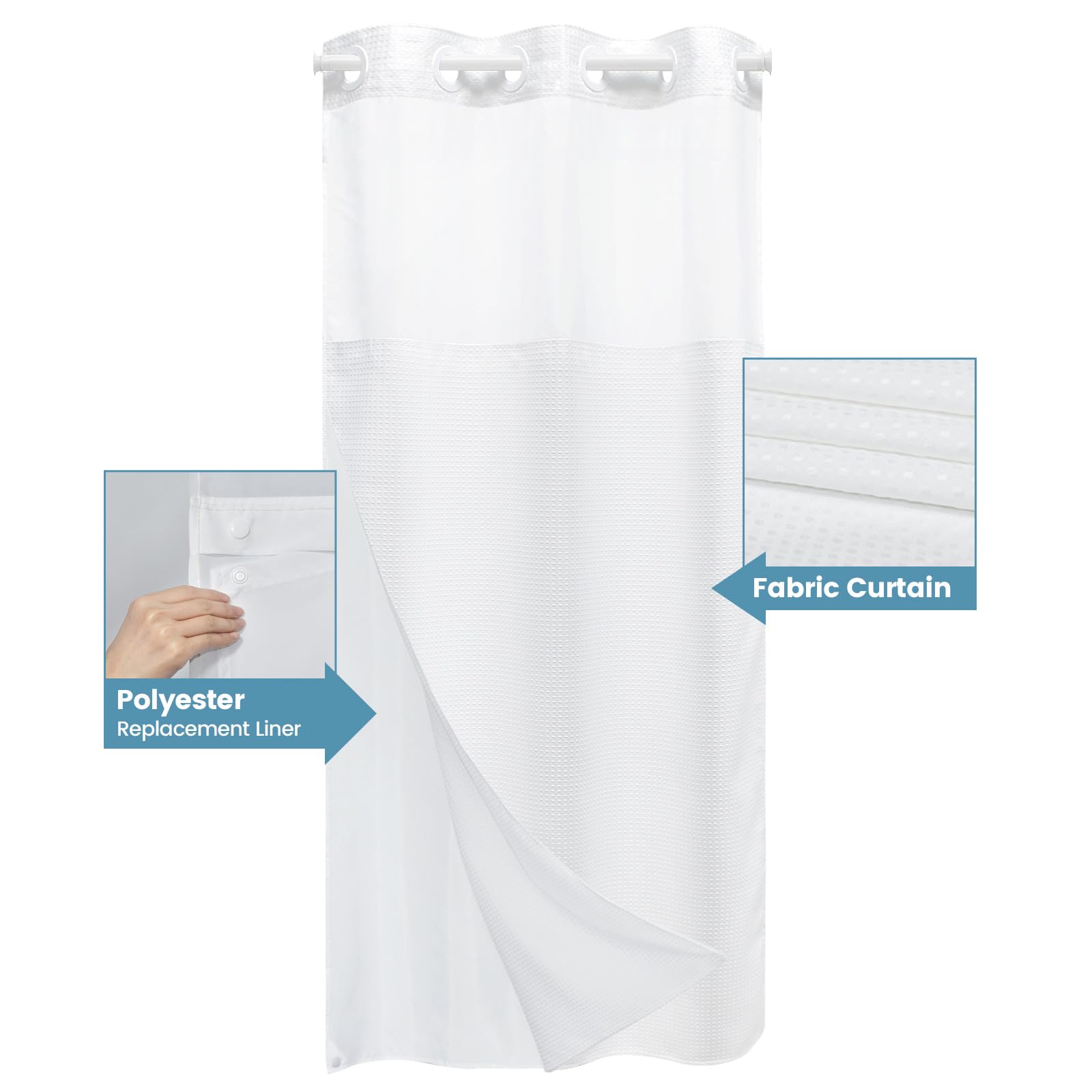 Eutxl Stall No Hook Shower Curtain With Snap In Liner,230Gsm Waffle Weave Shower Curtains For Bathroom,36W X 74H,White