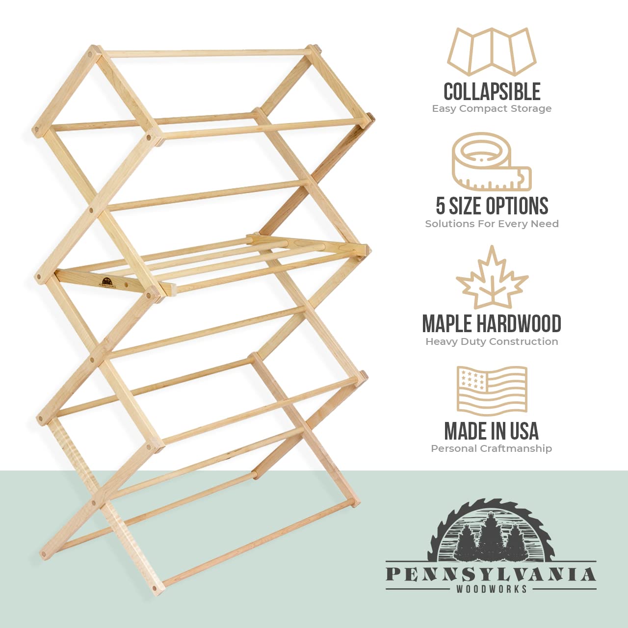 Pennsylvania Woodworks Clothes Drying Rack: Solid Maple Hardwood Laundry Rack for Bedding  Blankets  Towels & More  Heavy Duty  Folding Drying Rack Made in USA  No Assembly Needed  Extra Large