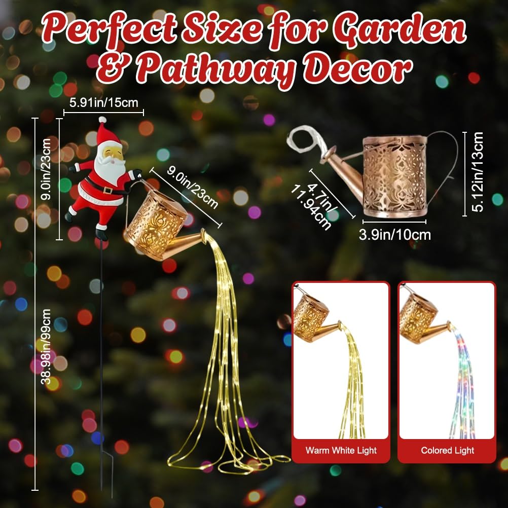 Christmas Santa Solar Kettle Lights Garden Lawn Decorative Outdoor Waterproof Hanging Metal Watering Can for Decor, Patio Yard D