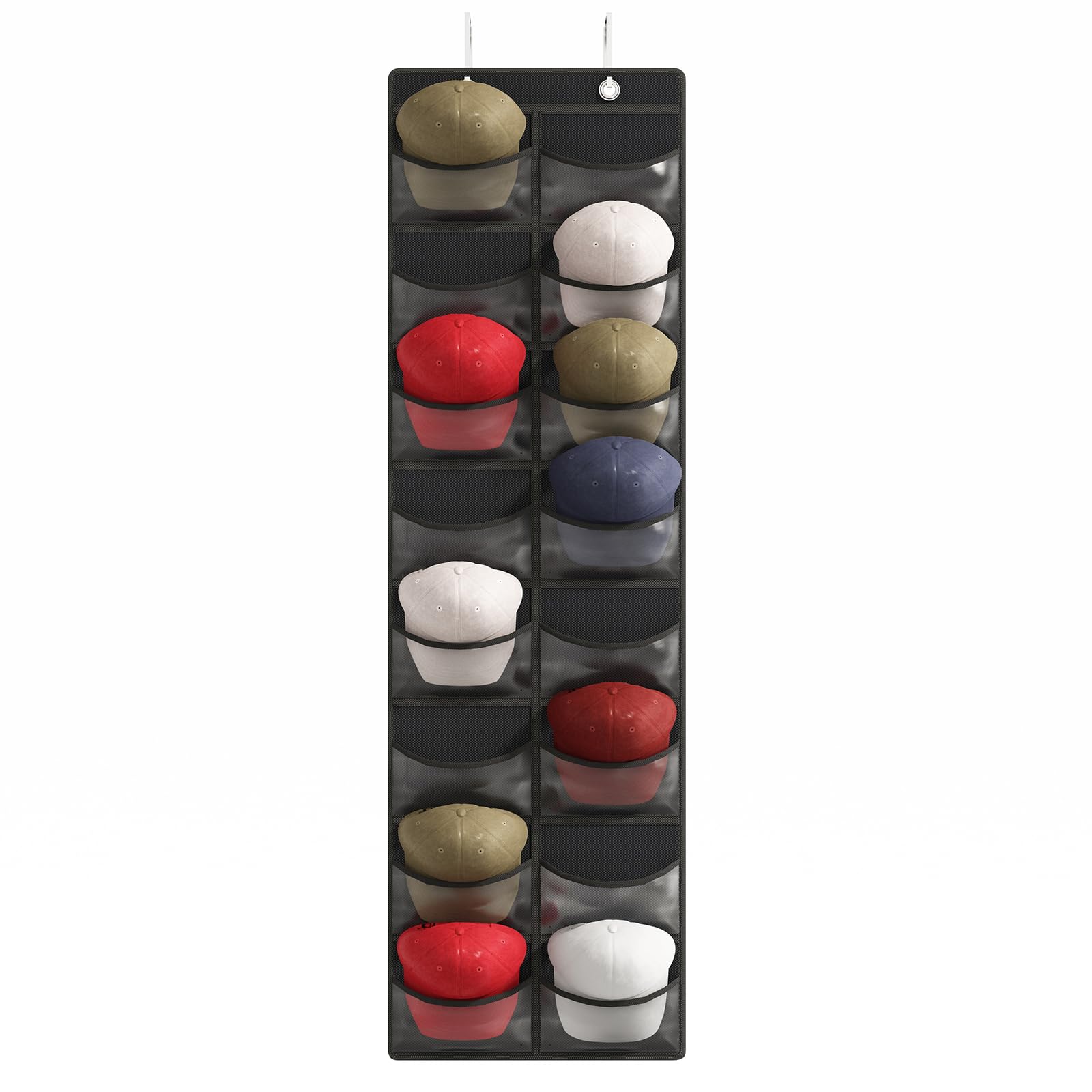 Fixwal Baseball Hat Rack, 16 Pocket Over The Door Cap Organizer Cap Hat Holder Hanger For Closet With Large Clear Pockets & 2 Ho
