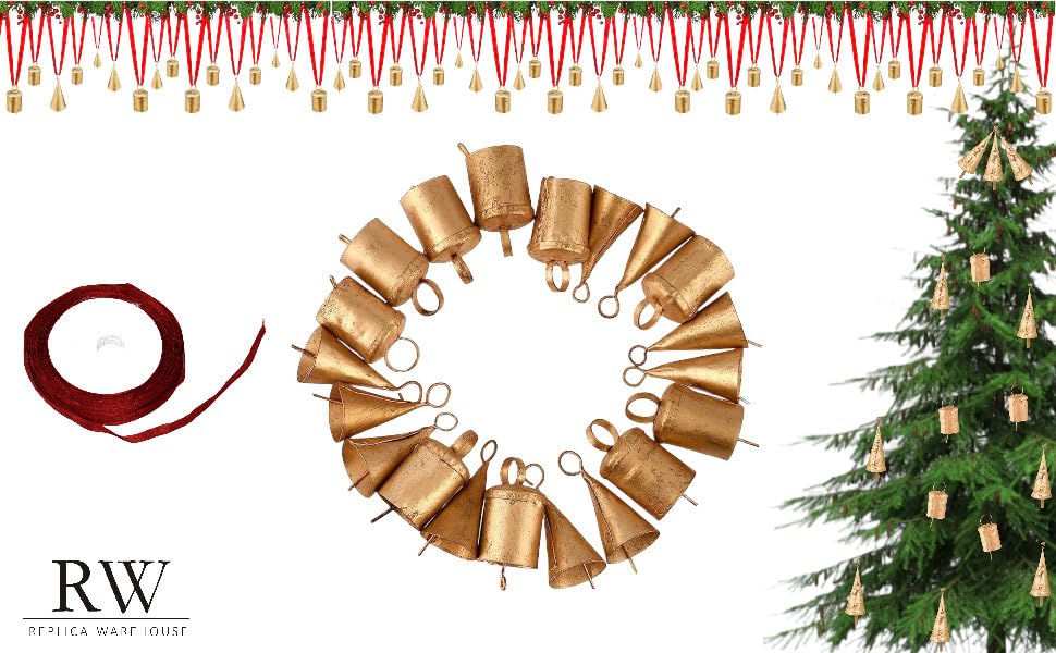 Set of 20 Christmas Bells for Decoration - Small Jingle Bells, Witch Bells, and Indian Tin Bells for Rustic Chimes and Christmas