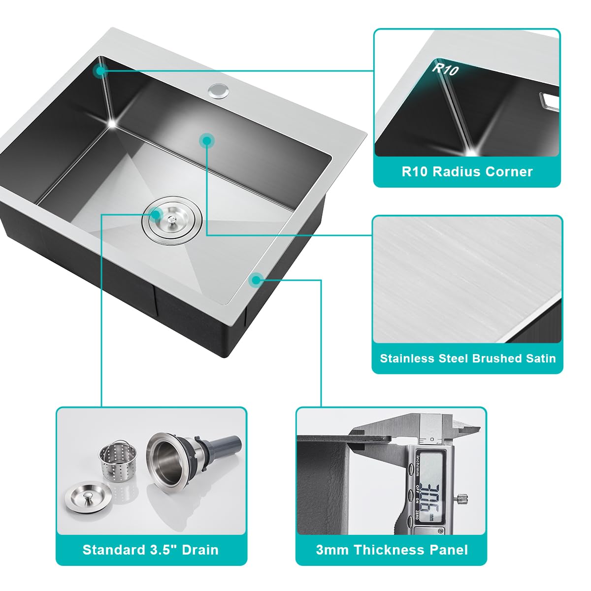 Tsibomu 24 Inch Kitchen Sink Drop-In, 18 Gauge Stainless Steel Single Bowl Single Faucet Hole Top Mount Workstation Sink, D24''X