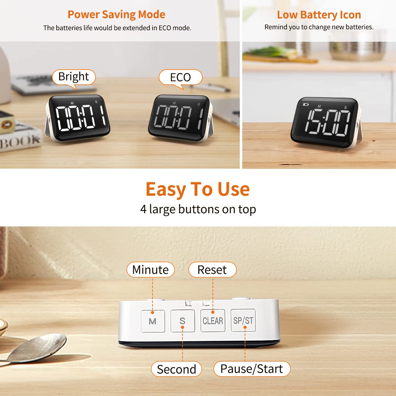 Vocoo Magnetic Kitchen Timer For Cooking With Count Up Countdown, Digital Timer Battery Powered With Large Display, 2 Brightness