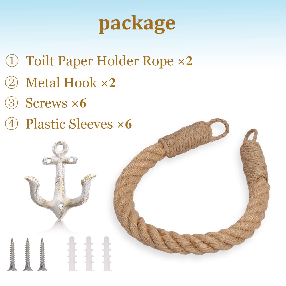 2 Pcs Nautical Rope Toilet Paper Holder Wall-Mounted Towel Ring Nautical Toilet Paper Holder With Metal Hooks Coastal Towel Rack