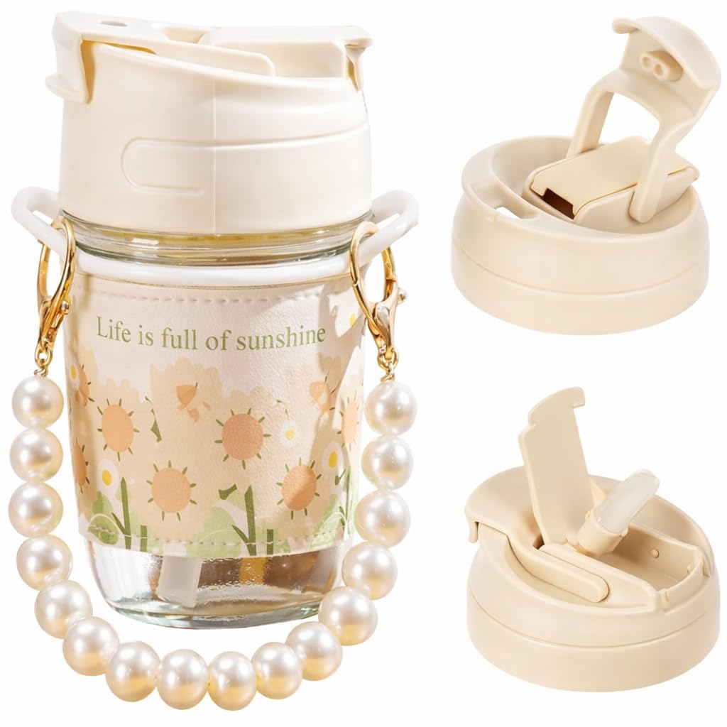 Glass Coffee Tumbler with Lid & Straw | 350 ML Reusable Milk & Juice Mug with Pearl Chain & Leather Grip | Cute Travel Sipper Cu