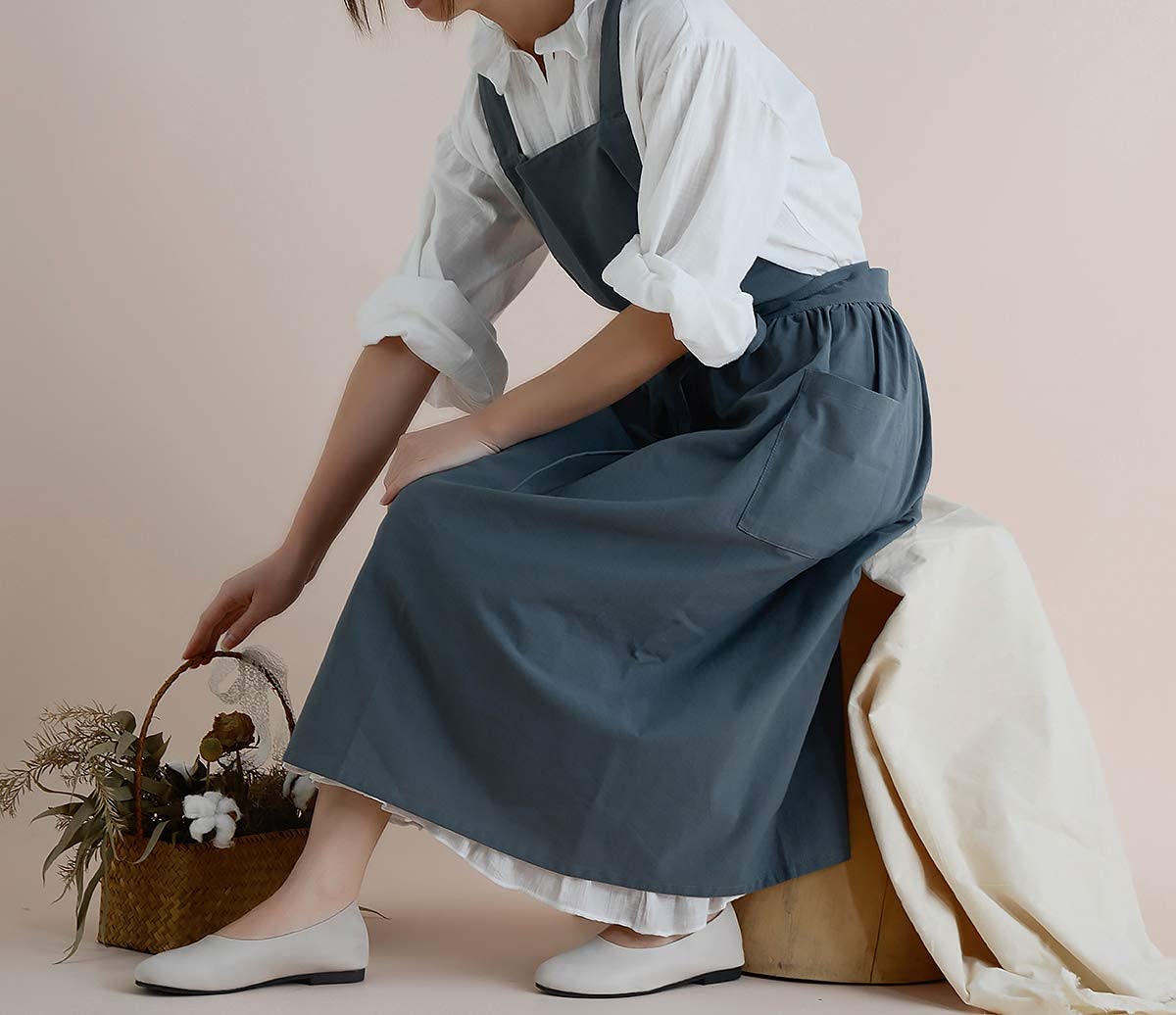losofar Cotton Pleated Apron Retro Waterdrop Proof Garden Cleaning Pinafore Dress (green  103cmx86cm)