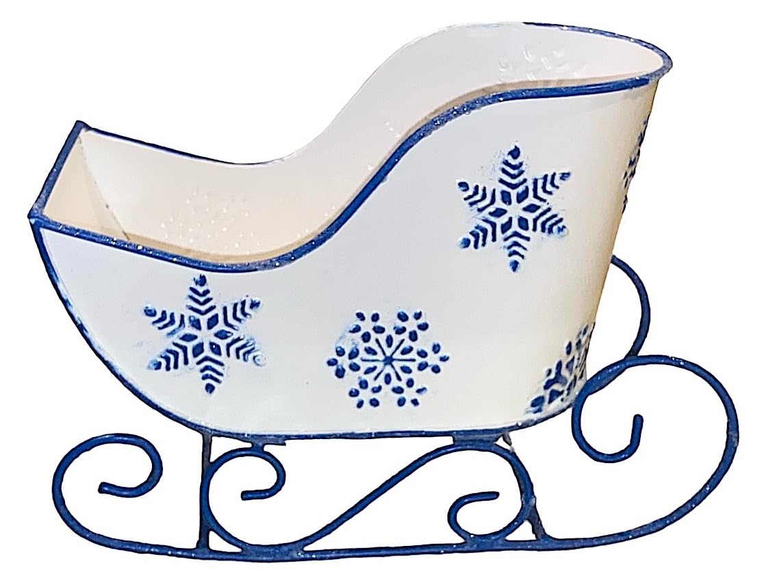 STC World Christmas Sleigh Metal Ornament Small Candy Storage Gift Tabletop Centerpiece Mantel Fireplace (White Snowflake)