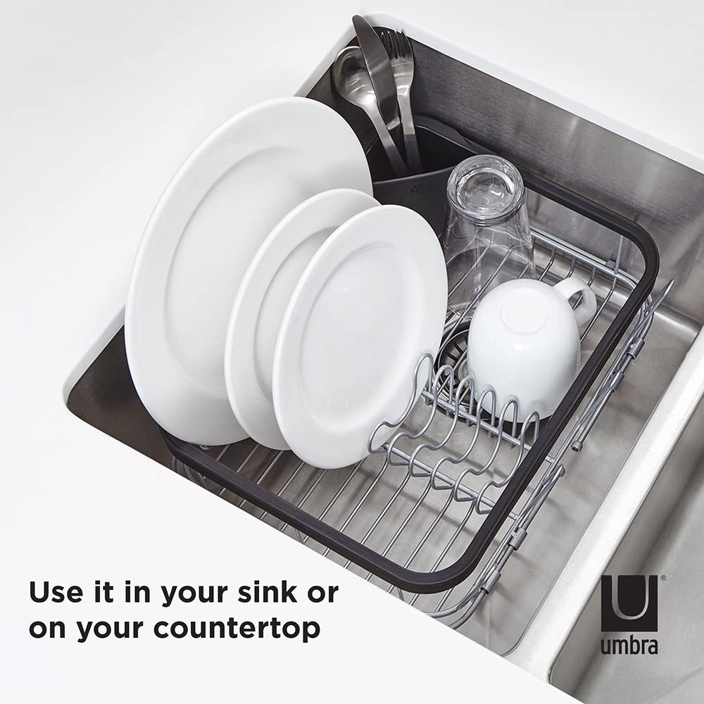 Umbra Sinkin Dish Drying Rack - Drainer With Cup Holders And Removable Cutlery Caddy - Use Over Sink, In Sink, Or On Counter, De