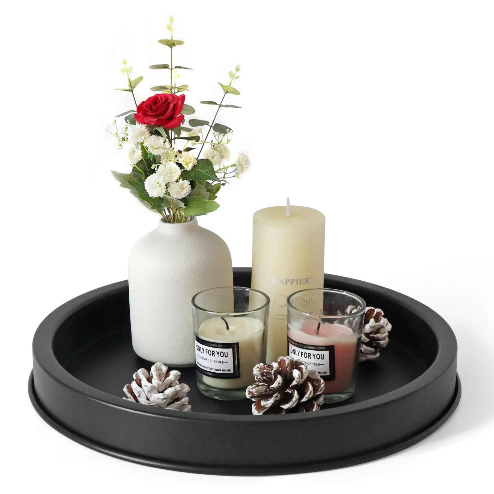 Frtim Black Decorative Serving Round Tray, Black Metal Decor Tray For Home Decor Coffee Dining Table Centerpiece Farmhouse Kitch