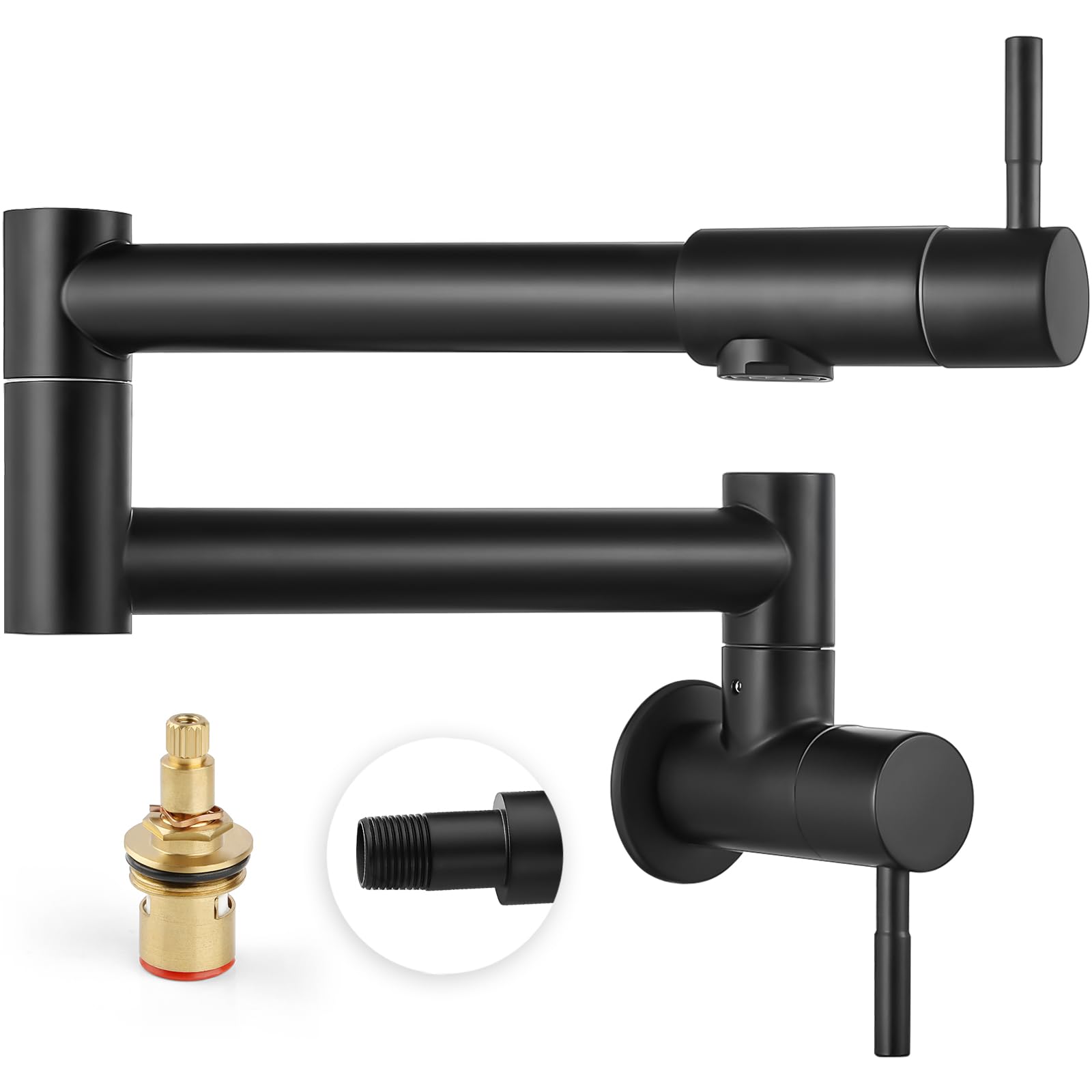 Heyalan Matte Black Pot Filler 19 Inch Wall Mount Folding Stretchable Kitchen Restaurant Faucet Stainless Steel Pot Filler with Double Joint Swing Arm Single Hole Two Handles Commercial NPT