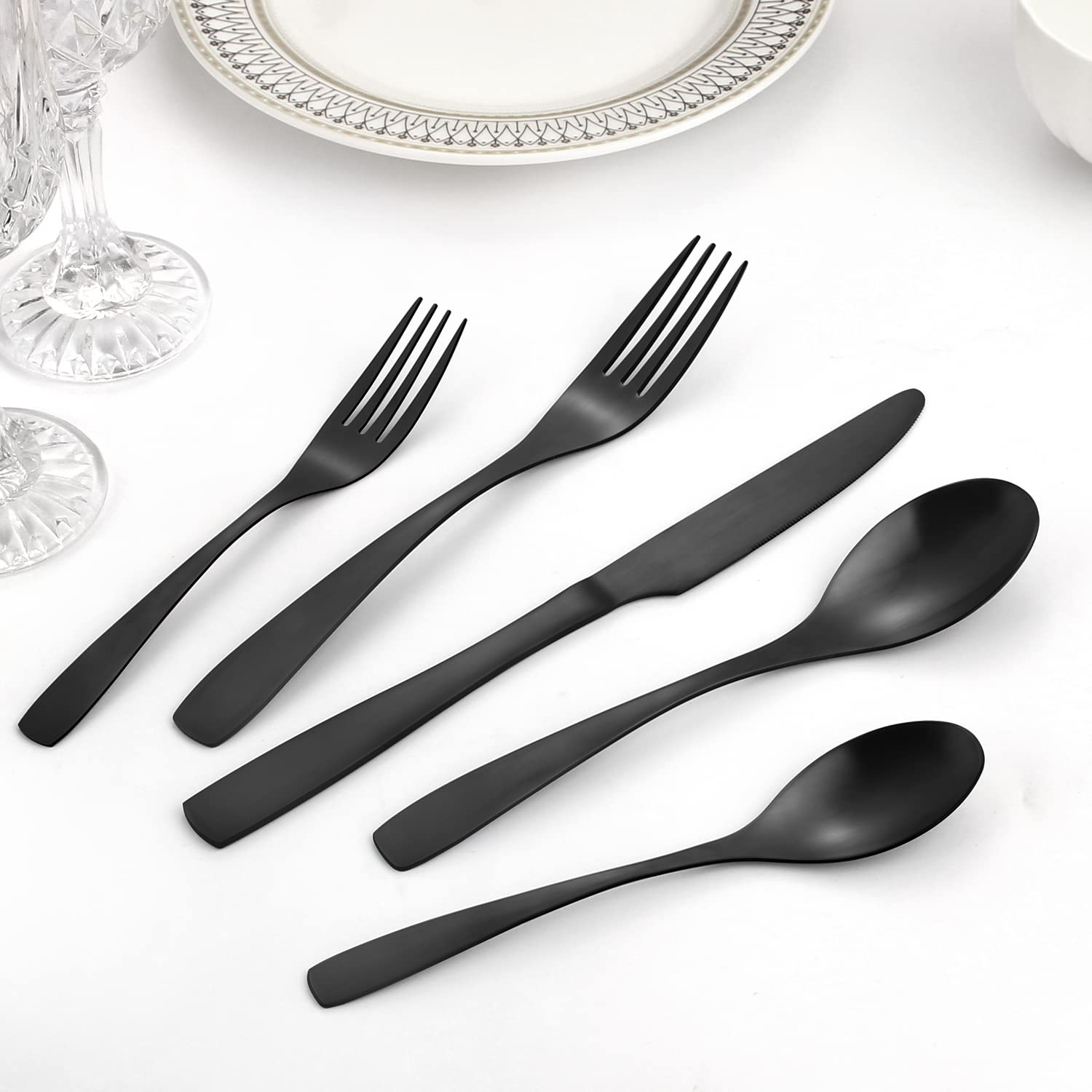 Matte Black Silverware Set, Bysta 20-Piece Stainless Steel Flatware Cutlery Set For 4, Satin Finish, Dishwasher Safe, Nice Box P