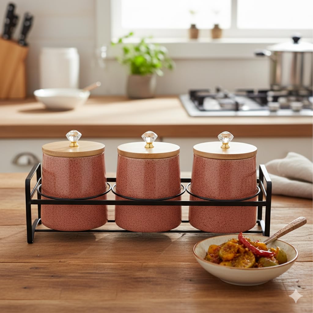 The Better Home Ceramic Jars For Kitchen Storage With Bamboo Lids & Iron Stand | 650Ml Each-Set Of 3 | Multipurpose Airtight Jar