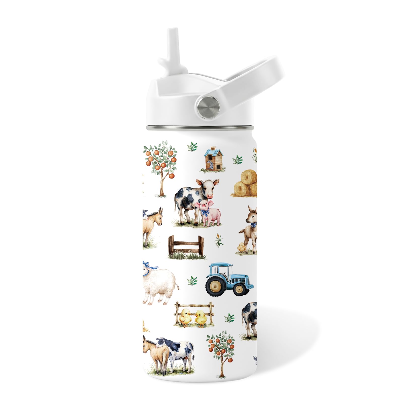 Farm Animals Gifts for Boy Girls - 16oz Kids Water Bottle with Straw Lid, Stainless Steel Insulated Bottle, Leak Proof, BPA-Free
