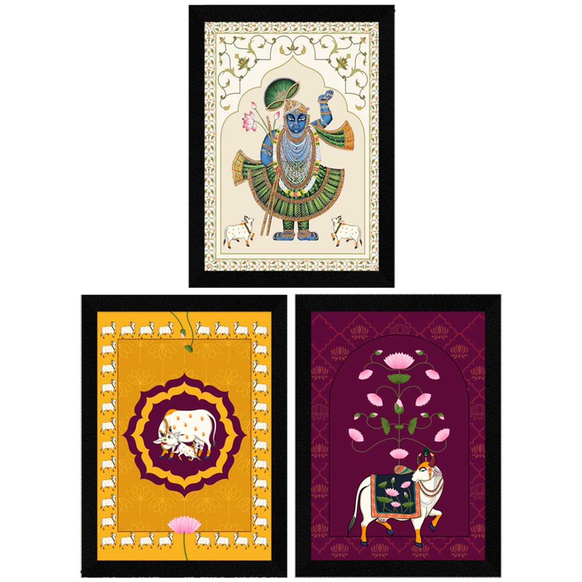 Artx Paper Pichwai Shrinath Ji Cow With Calf Framed Wall Art Painting For Bedroom, Wall Painting For Living Room, 10.0 X 13.0 In