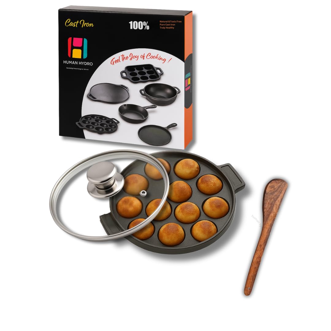 Human Hydro Pre-Seasoned Cast Iron Paniyaram Pan (12-Pit) With Lid & Wooden Spatula | Naturally Nonstick, Induction & Gas Compat