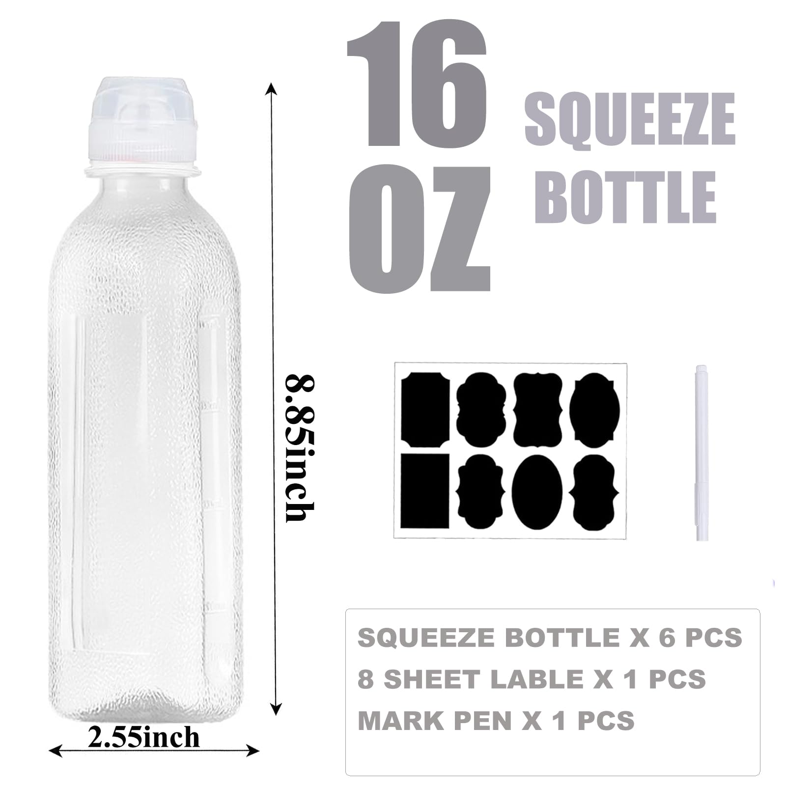 Wayda Condiment Squeeze Bottles,6 Pack Squeeze Bottles For Sauces, Ketchup Salad Dressing Container, 17Oz Plastic Bottles With S