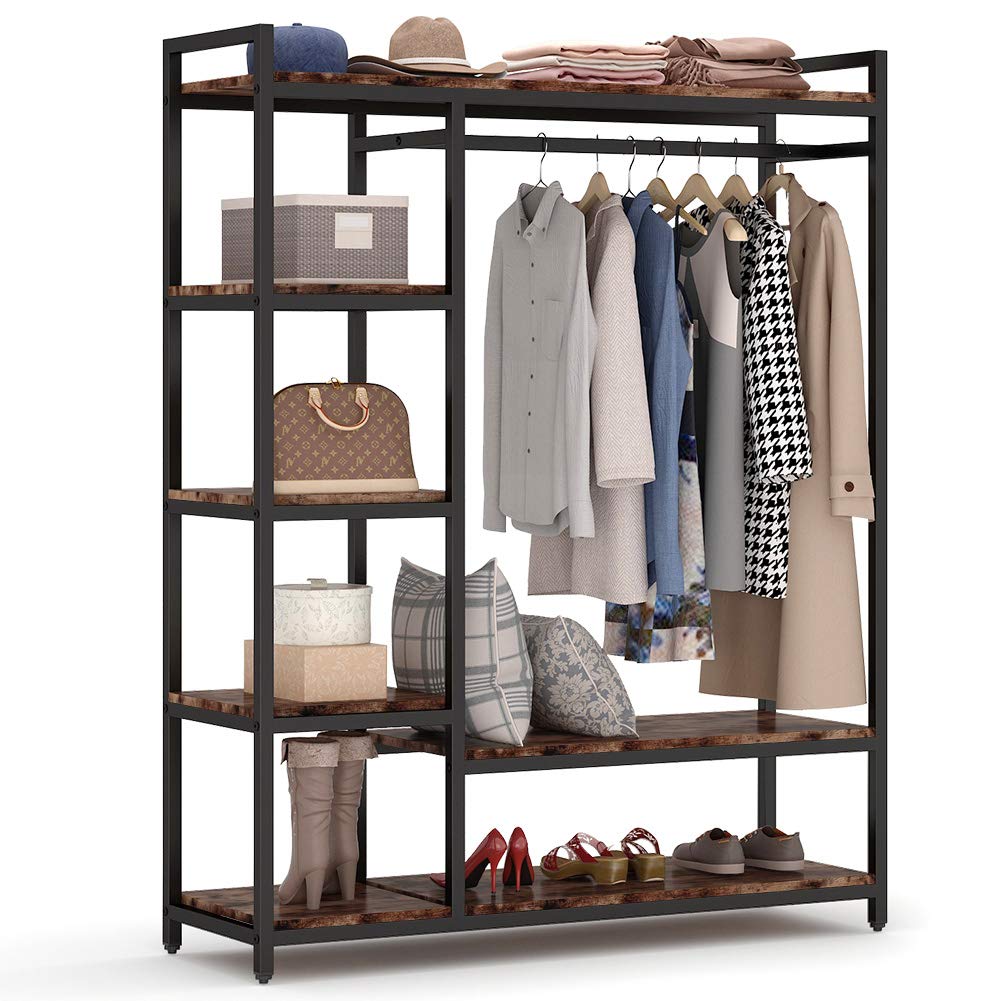 Little Tree Free-Standing Closet Organizer, Heavy Duty Clothes Closet, Portable Garment Rack With 6 Shelves And Hanging Rod, Bla