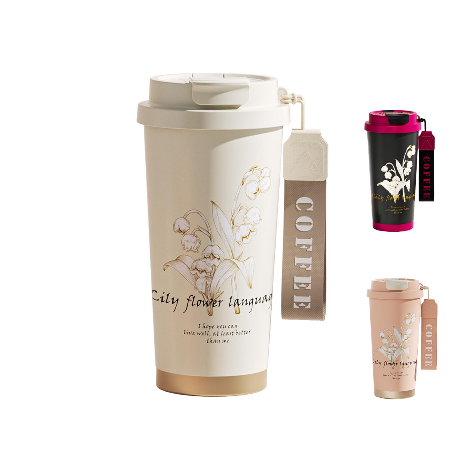 DEARART Elegant Insulated Coffee Cup, Stainless Steel Vacuum Cup with Rope, Keep Ice Cold, 100% Leakproof Lock Lid Car Cup Holde