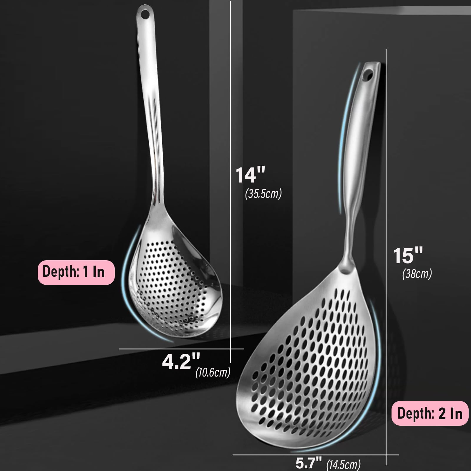 Kaycrown Skimmer Slotted Spoon, 2 Pack Stainless Steel Pasta Spider Strainer Skimmer Ladle Spoon For Frying And Cooking, Frying