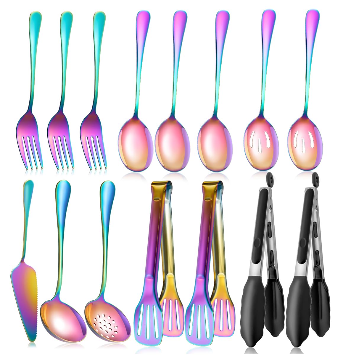 Rainbow Serving Utensils Set Stainless Steel, 15pcs Large Metal Serveware Serving Spoons, Slotted Spoons, Forks, Tongs, Soup and