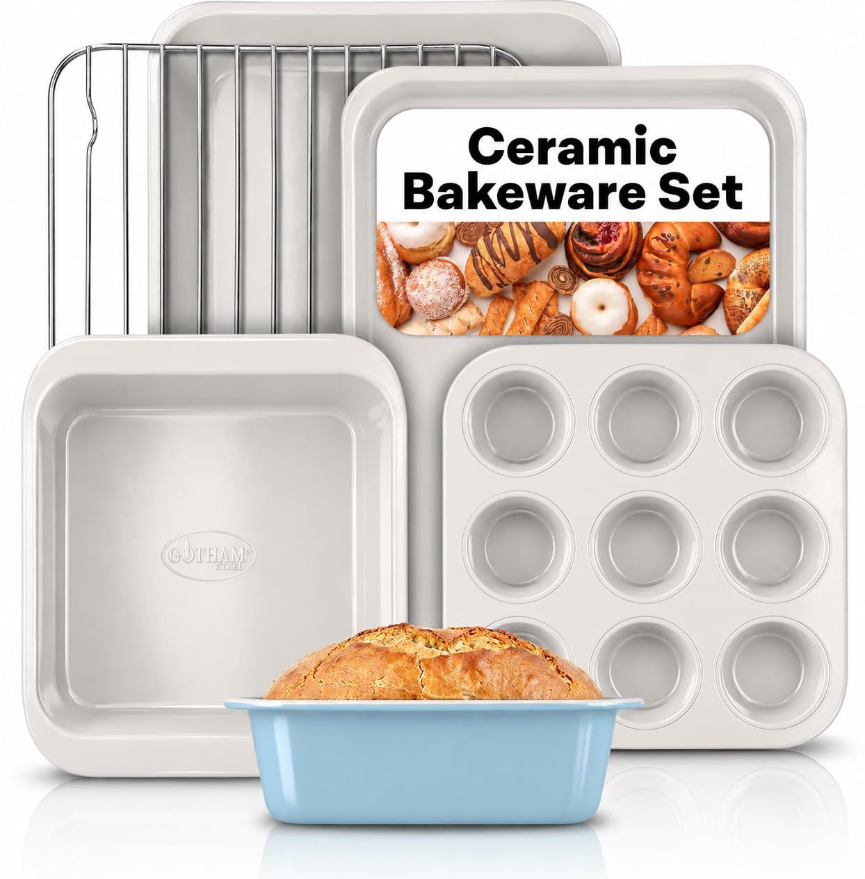 Nonstick Bakeware Set 6 Pc Stackable, Gotham Steel Ceramic Baking Pans Set, PFOA & PFOS Free Aluminum, Cookie Sheet, Cake, Muffi