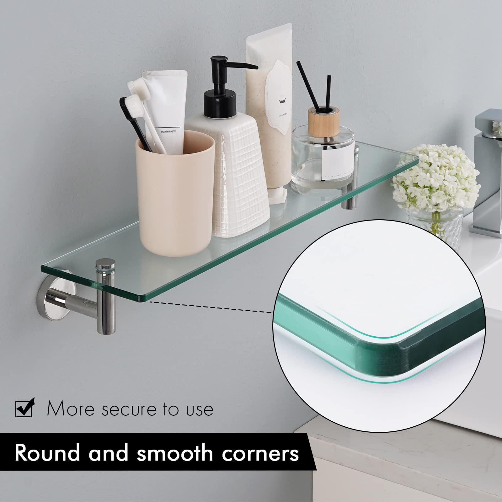 Kes Glass Shelf For Bathroom Rectangular 20-Inch Floating Shelves 3 Pack With Rustproof Stainless Steel Brackets Wall Mounted Br