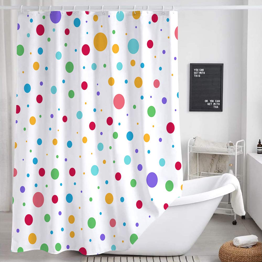 Kids Rainbow Shower Curtain For Bathroom, Colorful Geometric Cute Polka Dot Fabric Shower Curtains Set, White Modern Restroom De