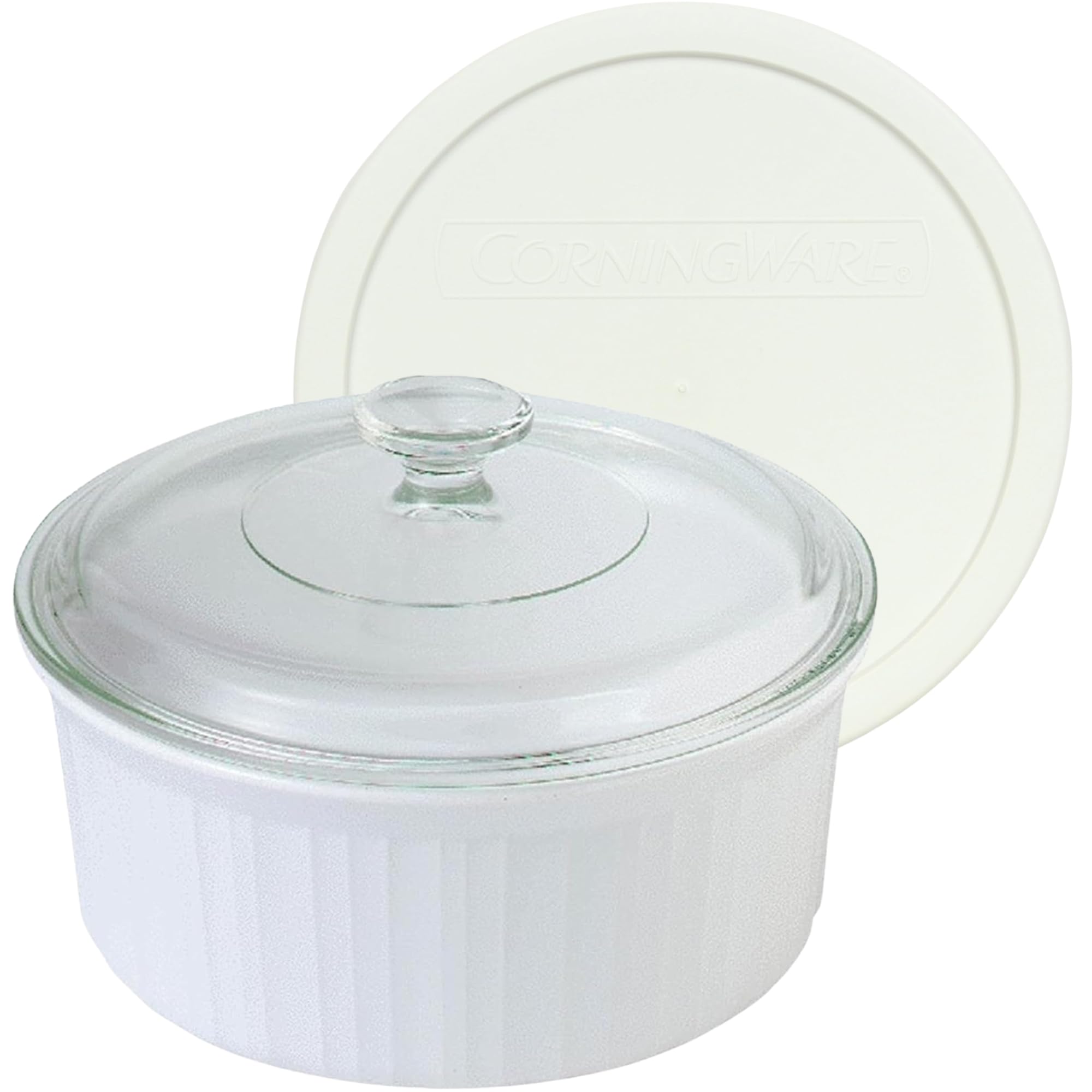 CorningWare FS5 1.5 qt / 1.4 L Round French White Casserole Dish, G-5C Clear 1.5 qt Fluted Glass Lid and F-5-PC 1.5qt French Whi
