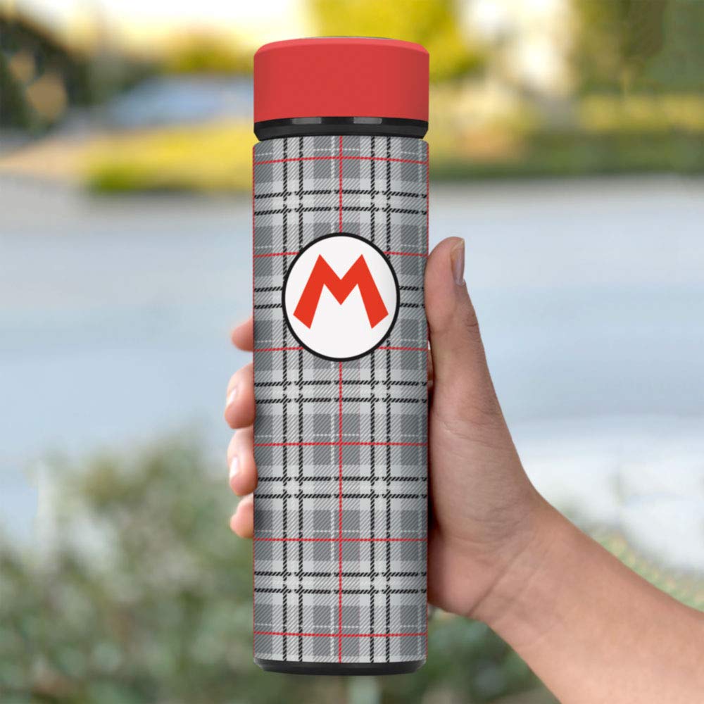 Super Mario, Mario Plaid, Vacuum Insulated Stainless Steel Sport Water Bottle, Leak Proof, Wide Mouth, 17 Oz, 500 Ml