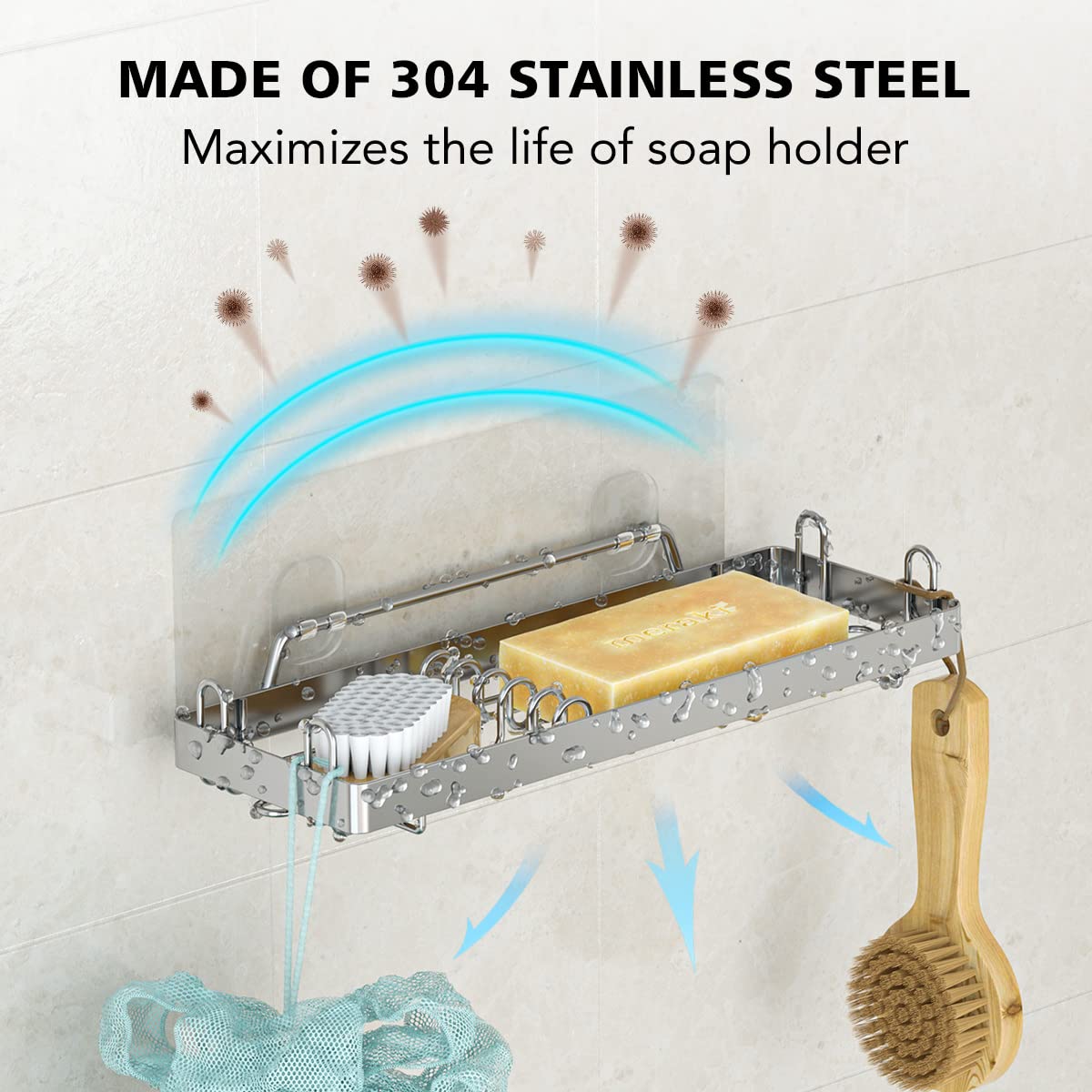Tomir Shower Soap Holder For Wall With 4 Hooks, 304 Stainless Steel Soap Dishes For Bar Soap Holder, Soap Caddy 2-In-1 Adhesive