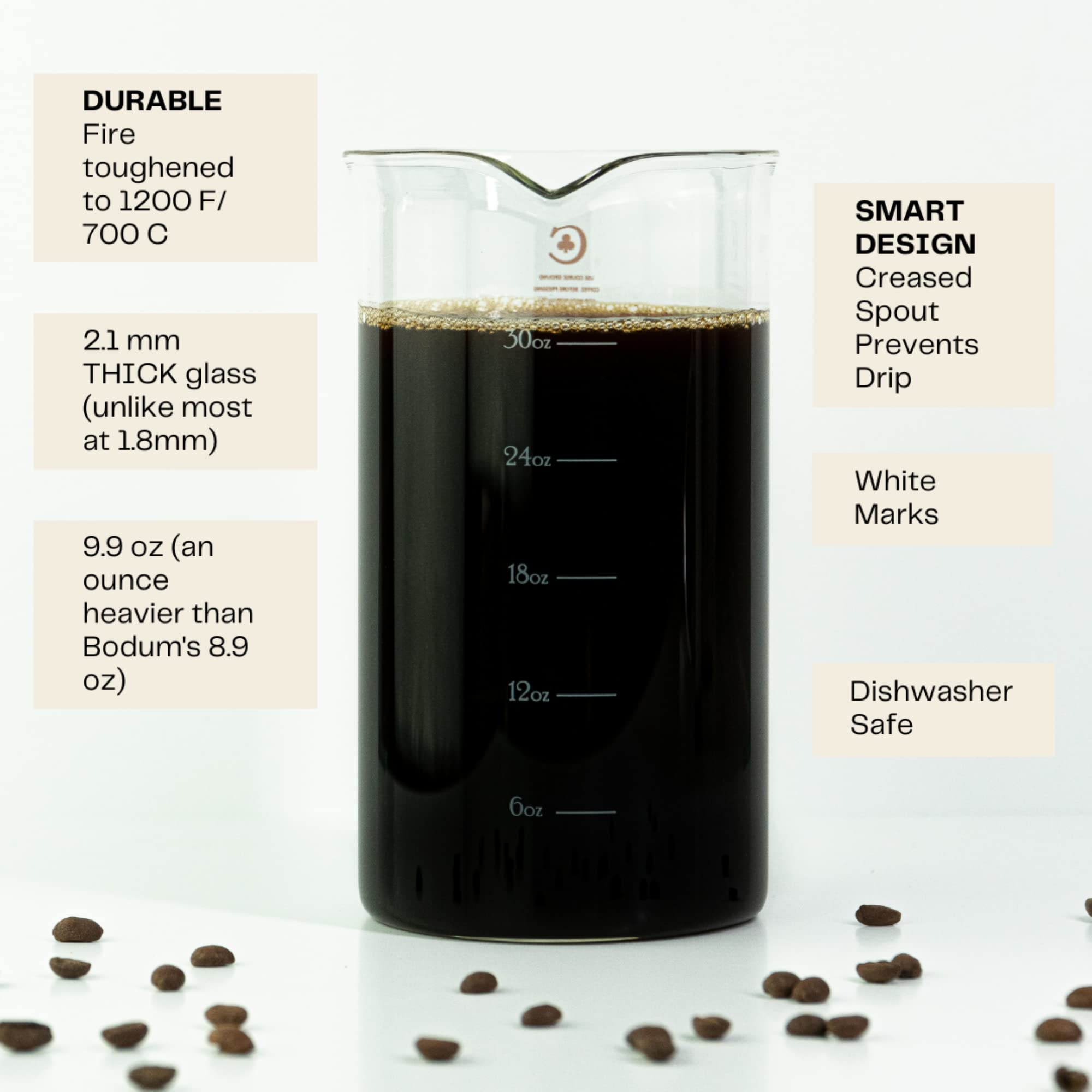French Press Replacement Glass By Cafe Crush Club - Fire Hardened Borosilicate Beaker - 34 Ounce 1 Liter Size With White Measure