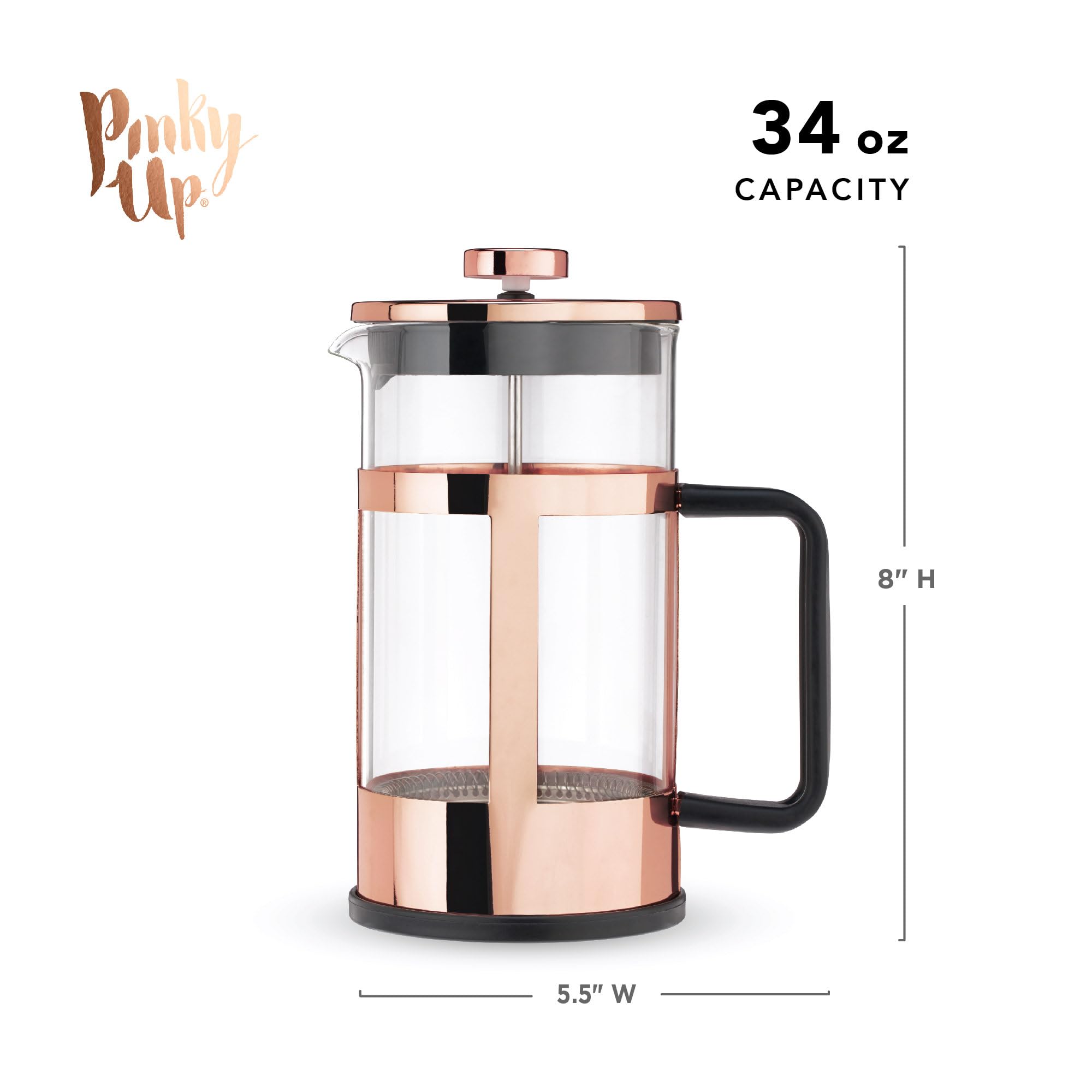 Pinky Up Piper Tea Press Pot - 34 oz Stainless Steel Coffee Maker, Rose Gold for Loose Leaf Tea & Iced Beverages, Model 5805