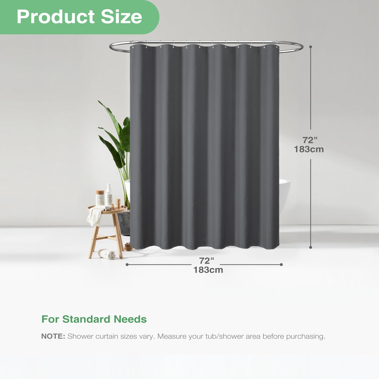 Dynamene Charcoal Grey Fabric Shower Curtain - Waffle Weave Textured Heavy Duty Cloth Shower Curtains for Bathroom  256GSM Hotel Luxury Weighted Bath Curtain Set with 12 Plastic Hooks 72x72