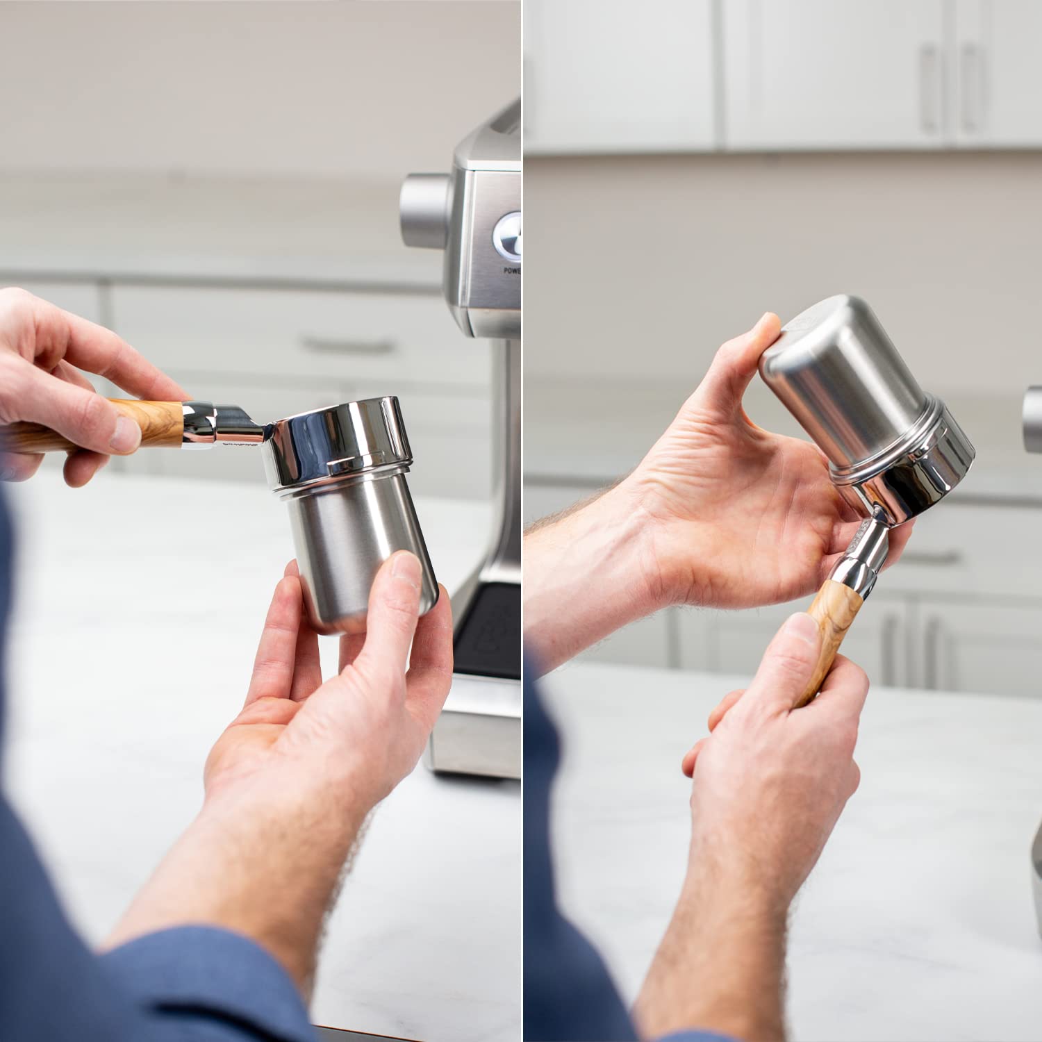 Silver 58Mm Dosing Cup | White | 100% Stainless Steel | Espresso Coffee Dosing Cup | Crema Coffee Products