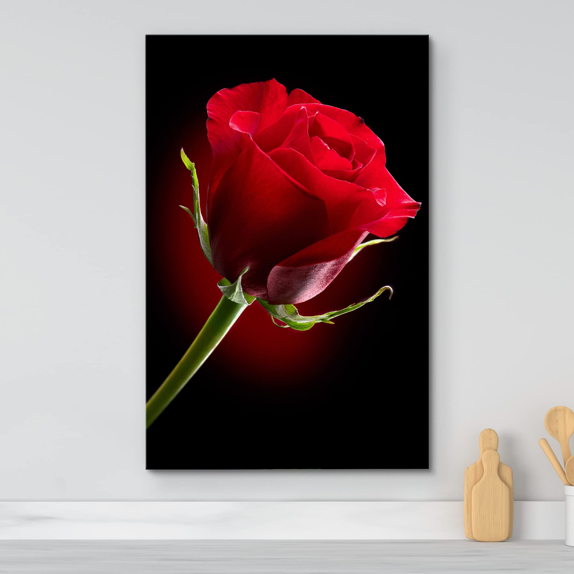 Canvas Prints Wall Art - Closeup Of Red Rose Flower Against Black Background | Modern Wall Decor/Home Decoration Stretched Galle