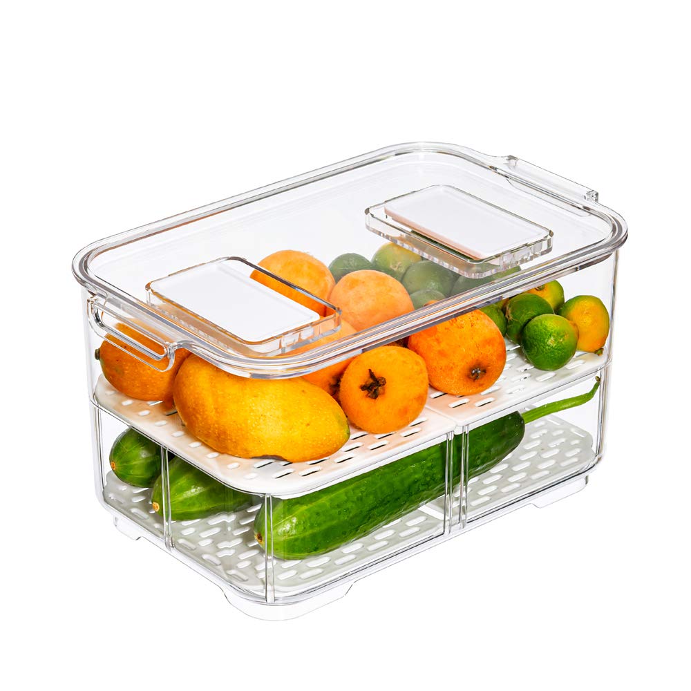 Slideep 11'' Large Food Storage Containers, Fridge Produce Saver 2 Tier Stackable Refrigerator Organizer With Lids And Removable
