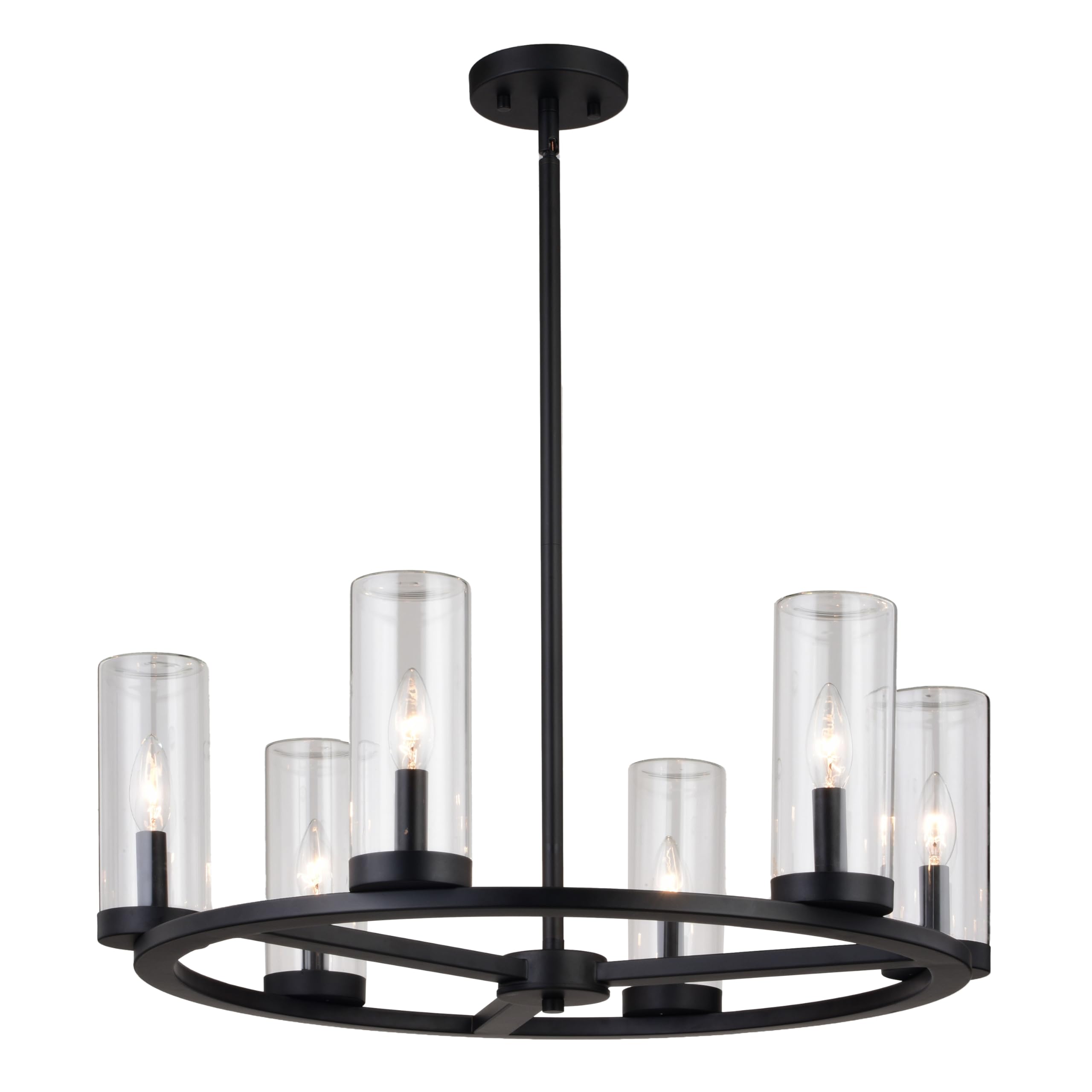 VAXCEL Grantley 6 Light Matte Black Wheel Chandelier Fixture Clear Glass Shade, LED Compatible, Damp Rated