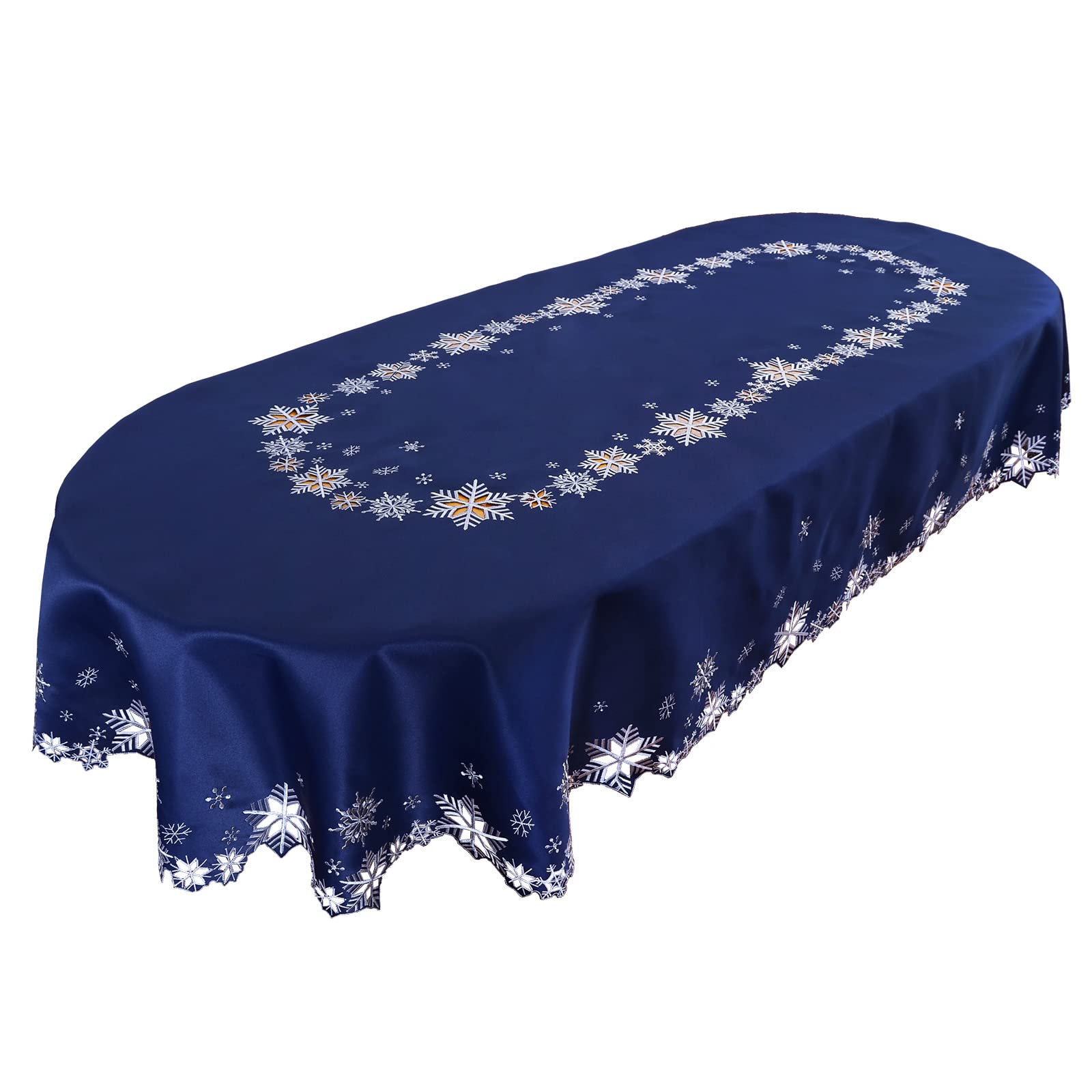 Simhomsen Embroidered Snowflakes Tablecloths For Christmas Holiday And Winter (Oval 57    102 Inches, Navy)