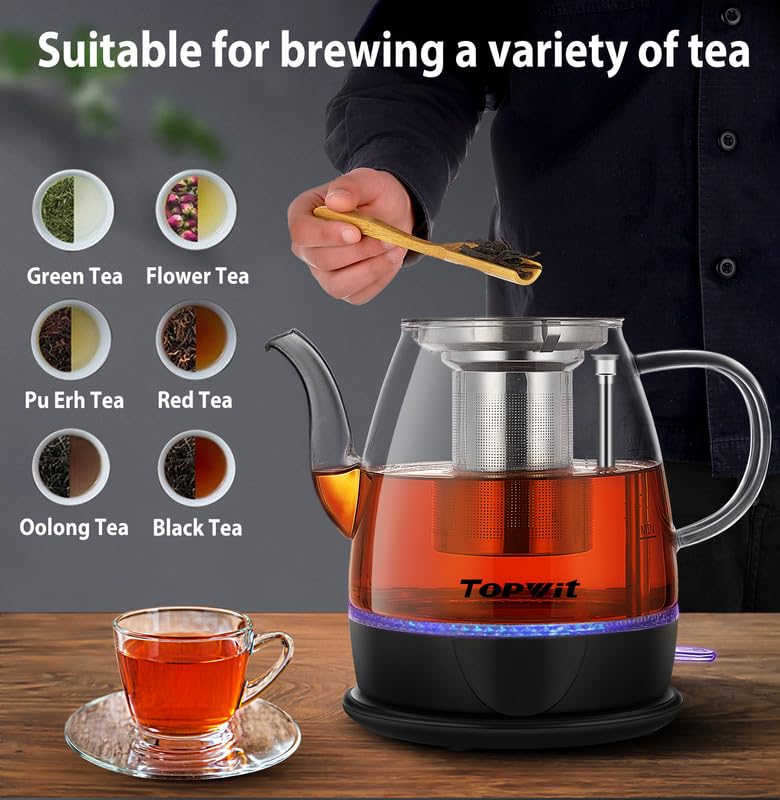 Topwit Electric Kettle Glass  For Hot Water  Tea and Coffee Dual Purpose Design  BPA-Free  1L Pour Over Removable Stainless Steel Infuser  Auto-shut Off & Boil-dry Protect