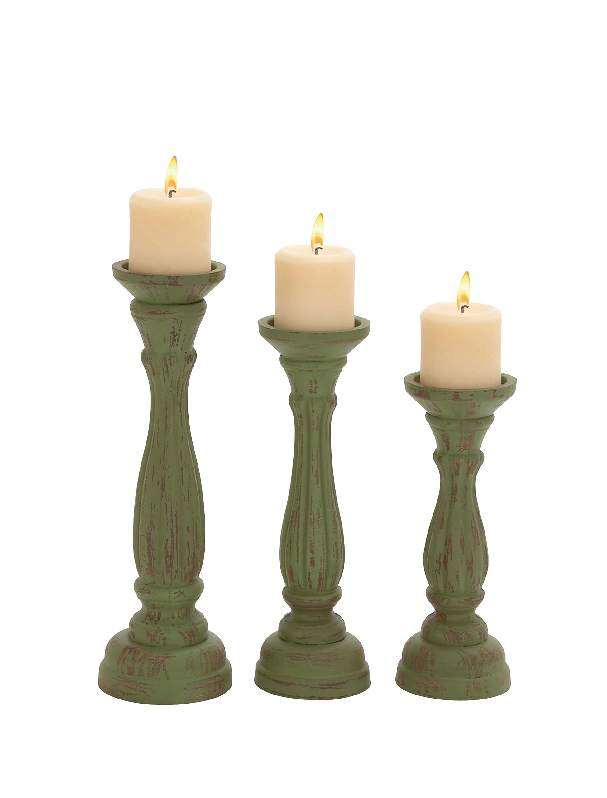 Deco 79 Traditional Wood Solid Candle Holder, Set of 3 15, 13, 11H, Green