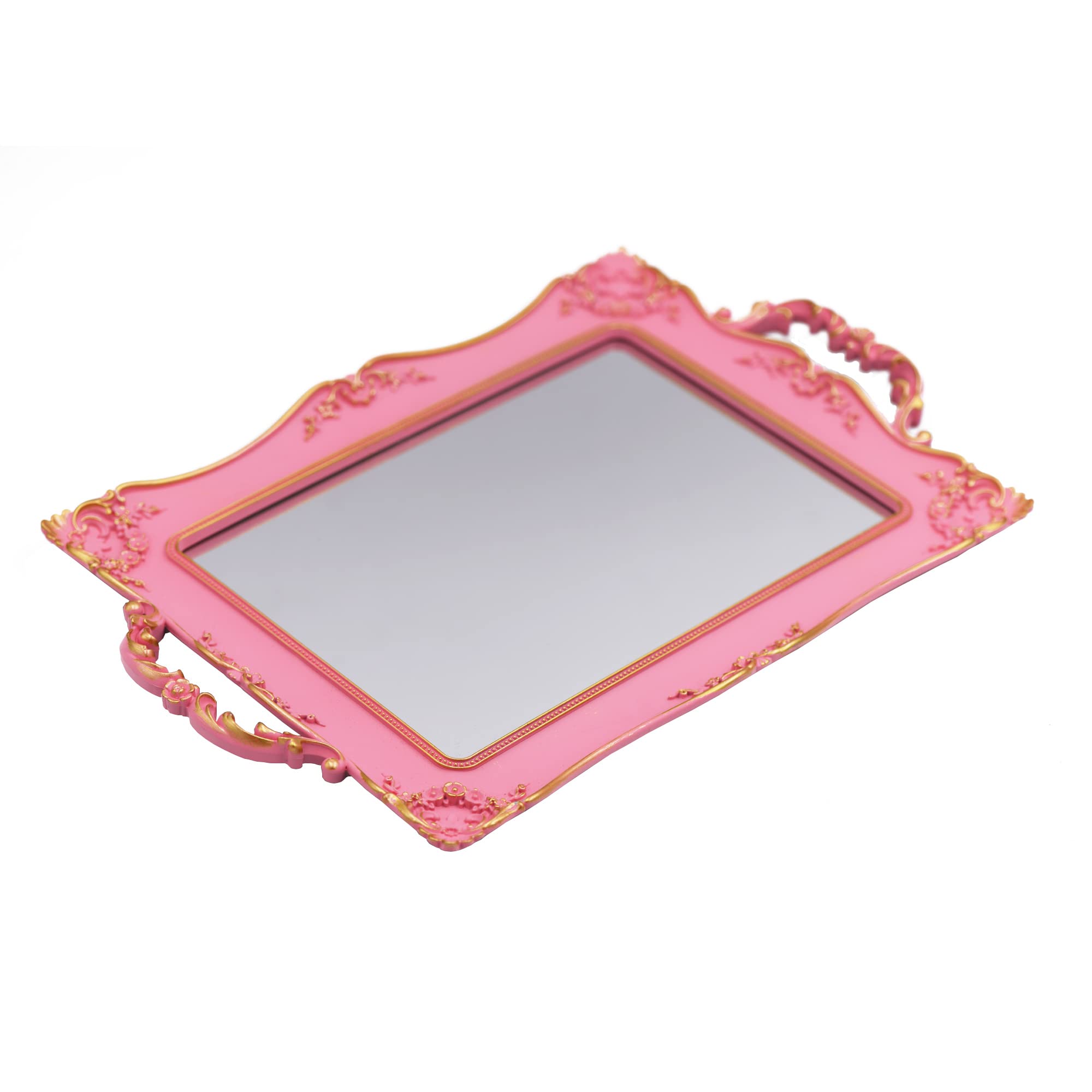 Tstarer Antique Decorative Pink Framed Square Mirror Tray, Jewelry & Cosmetics Organizer for Dresser, Square - 9.5 x 14.5(Pink)