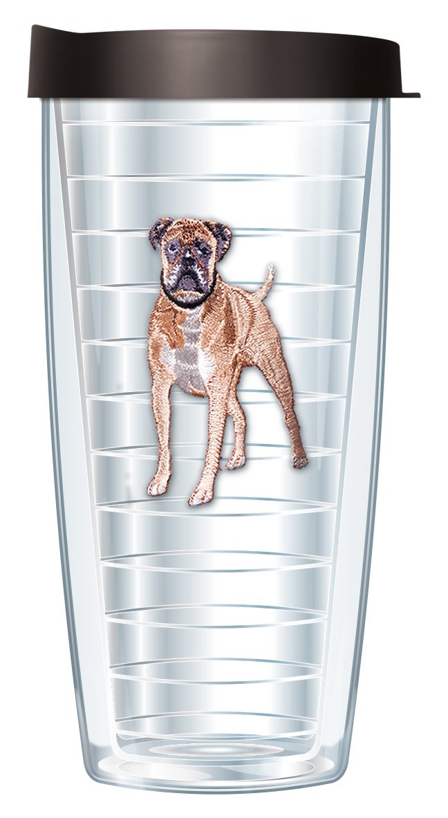 Signature Tumblers Boxer Puppy Dog Emblem On Clear 16 Ounce Double-Walled Travel Tumbler Mug With Black Easy Sip Lid